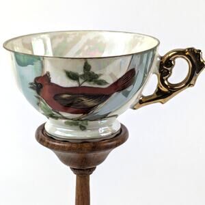 Red Cardinal Lusterware Teacup Japan Gold White Blue Pinwheel Bone China Gift